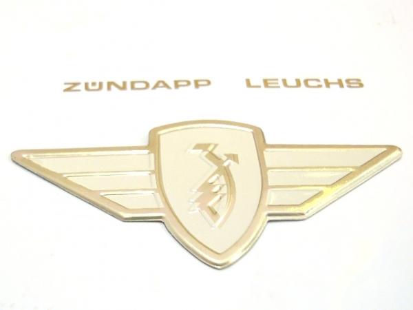 1 x Zündapp Flügelemblem Weiss / Gold Blech 2,5 x 6cm massiv Emblem 517-13.129