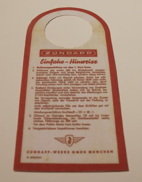 Zündapp Einfahr - Hinweise Schild